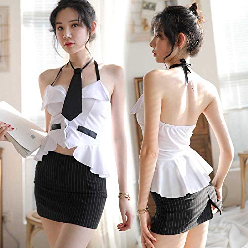 ZHANGNUO Nueva Lencería Sexy Cuello Colgante para Mujer Corbata Baja En El Pecho Secretaria Maestra Uniforme Sexy Falda Corta a Rayas Traje Femenino Talla única/Secretaria Blanco y Negro