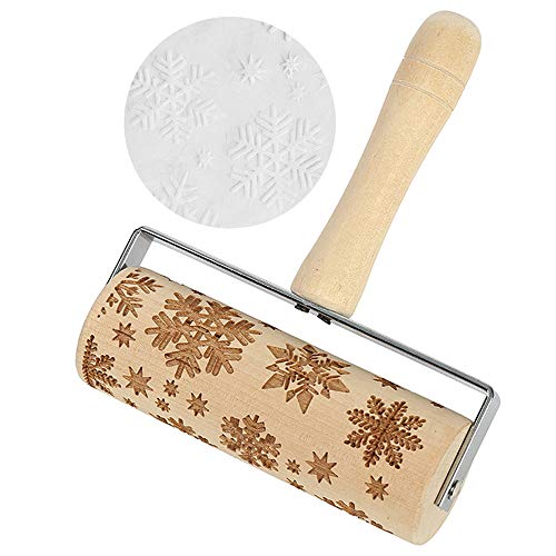 Ziyero Navidad Grabado En Relieve Tallado Rodillo Copo Nieve Madera del Rodillo 3D Mango Madera Cojinete de Metal DIY Utensilios de Cocina para Tema de Navidad Fondant Cake Biscuit Hornear Decoración