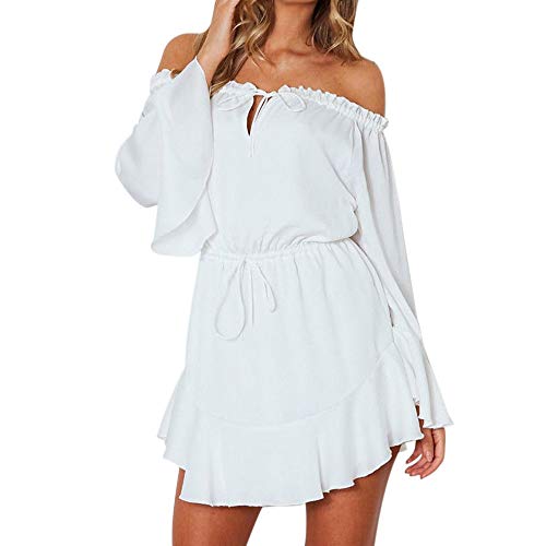 ZODOF Vestido Mujer para Noche y Fiesta Casual Moda Mujer sólido Flare Manga Slash-Cuello Fuera del Hombro Mini Vestido Top Falda Espalada Descubirta Dama de Honor Sexy y Elegante