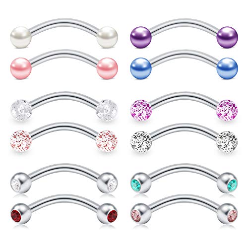 Zolure 16G Acero INOX Piercing Oreja Rook Piercing Ceja Anillo Piercing Ombligo Anillo Piercing Helix Tragus Bolas de Perlas con Brillo de Diamantes 12 Piezas