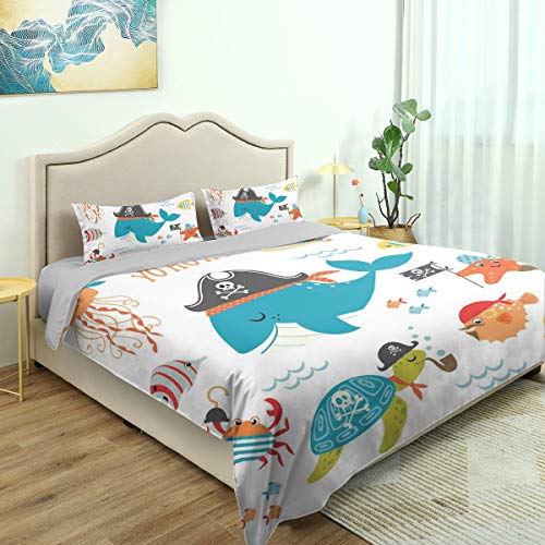 ZOMOY Juego de Ropa Cama Funda edredón,Ahoy Pirata Ballena Tortuga Gancho de tubería Cangrejo Pulpo Capitán Estrella de mar Pez Espada Náutico Submarino Imprimir，de Microfibra 240x260cm+2（50x80cm）