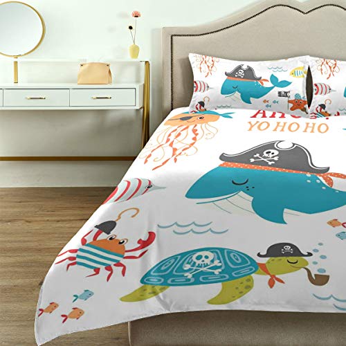 ZOMOY Juego de Ropa Cama Funda edredón,Ahoy Pirata Ballena Tortuga Gancho de tubería Cangrejo Pulpo Capitán Estrella de mar Pez Espada Náutico Submarino Imprimir，de Microfibra 240x260cm+2（50x80cm）