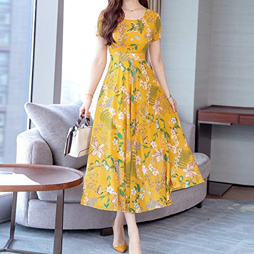 zysymx Summer Robe Femme Dress Ropa Mujer Women Fashion Summer Grace Mid-Calf Short Sleeve Beach Printing Dress # 806 Yellow S