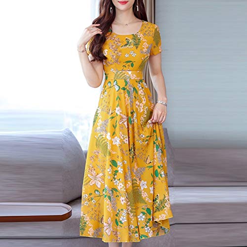 zysymx Summer Robe Femme Dress Ropa Mujer Women Fashion Summer Grace Mid-Calf Short Sleeve Beach Printing Dress # 806 Yellow S