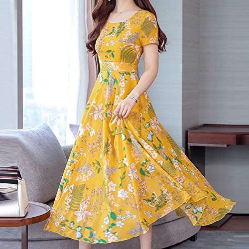 zysymx Summer Robe Femme Dress Ropa Mujer Women Fashion Summer Grace Mid-Calf Short Sleeve Beach Printing Dress # 806 Yellow S