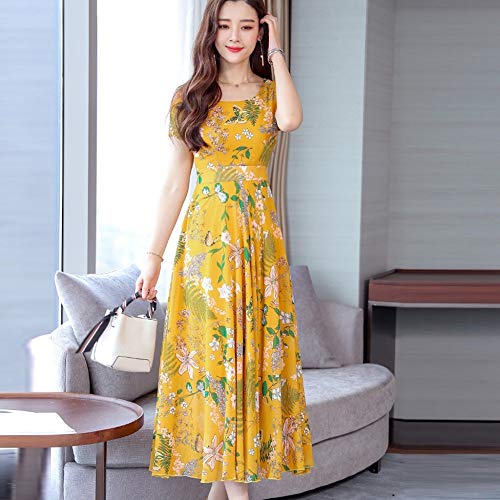 zysymx Summer Robe Femme Dress Ropa Mujer Women Fashion Summer Grace Mid-Calf Short Sleeve Beach Printing Dress # 806 Yellow S