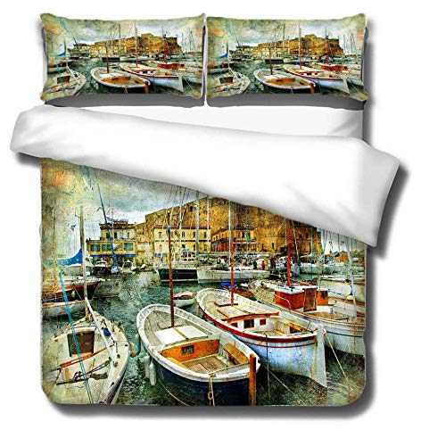 ZYWGG Juego De Funda De Edredón 140x200cm Barco De Pesca Junto Al Mar Fibra De Poliéster 3 Piezas Funda Nórdica Microfibra Juego De Cama Cremallera 2 Funda De Almohada