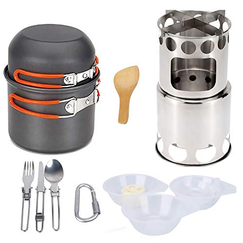 1 Juego De Utensilios De Camping con Estufa De Leña Al Aire Libre con Mochila De Cocina Kit con Naranja Handel Pot Tazón Cuchara Tenedor Senderismo Crisol De Cocinar Kit para El Montañismo Pesca