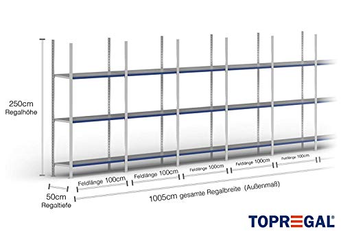 10 M balda estantería 200/250/300 cm de altura, 50 cm de profundidad con 3 – 8 niveles Incluye compartimento Acero Estantes, carga: 200 kg