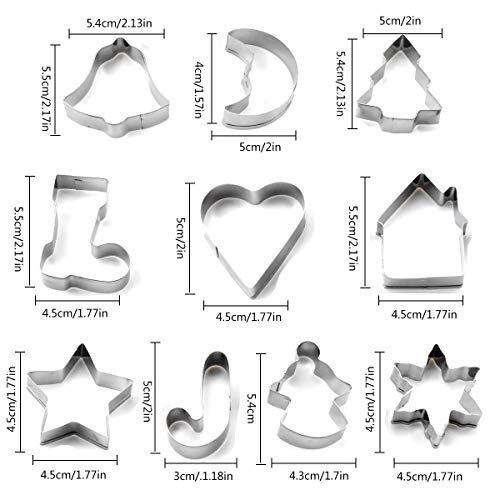 10 Pzs Moldes de Galletas Navideña, Acero Inoxidable Navidad Cortadores Galletas Moldes para Cookie, Fondant, Cortador de Galletas Estrella Árbol de Navidad Campana Luna Calcetín Copo de Nieve Corazón