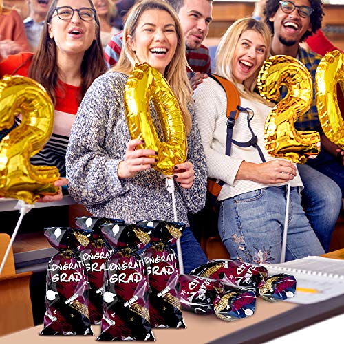 100 Piezas Bolsas de Regalo de Plástico de Graduación, Bolsa de Celofán Transparente de Felicidades Graduados Bolsa de Embalaje de Dulce Goodie con 100 Lazos de Torcedura Plata(Granate)