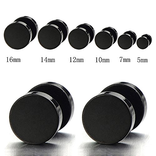 10MM Círculo Negro, Enchufe falso Fake Plug, Pendientes de Hombre, Aretes, Acero Inoxidable, 2 Piezas