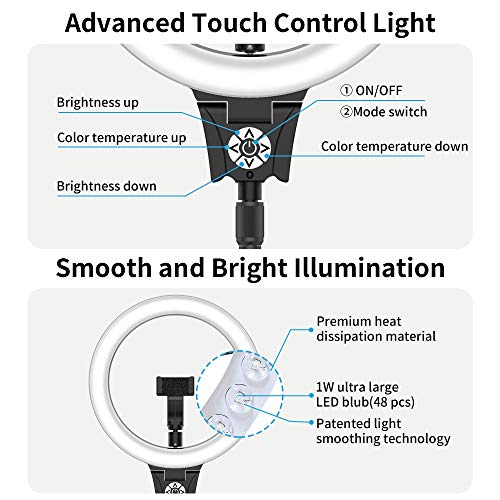 12" Anillo de Luz, Aro de Luz con Trípode, 10 Temperaturas de Color y 30 de Brillo, Control Remoto Bluetooth y Control Táctil, Puede Cargar un Teléfono Inteligente, para Selfie, Maquillaje, Youtube