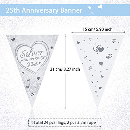 2 Banner de Aniversario de los Años 25 Banderines Triángulos de Aniversario de los Años 25 Banner Colgante de Aniversario de Plata Decoraciones Temáticas de Corazón para Fiesta de Día de San Valentín