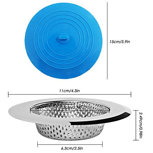 2 piezas Tapón de silicona Y 2 piezas Acero inoxidable Colador de fregadero de cocina, Senhai Succión plana Cubierta de drenaje Colador para cocina, baños y lavandería