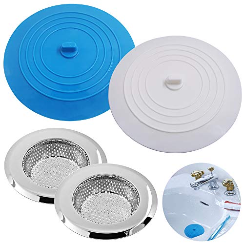 2 piezas Tapón de silicona Y 2 piezas Acero inoxidable Colador de fregadero de cocina, Senhai Succión plana Cubierta de drenaje Colador para cocina, baños y lavandería