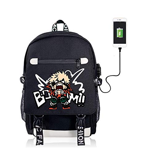 2020 Nuevo No Hero Academia mi héroe Academia de Cosplay Mochila Mochila Bookbag Ordenador portátil del Bolso de Escuela con el Puerto de Carga USB (Color : Black)