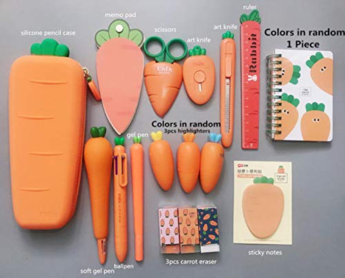 2020 Sharkbang Creative Carrot Series Funda de lápiz suave de silicona Bolígrafo Organizador Bolsa Kawaii Papelería Set Regalo de cumpleaños para niños, Serie de zanahoria set A4