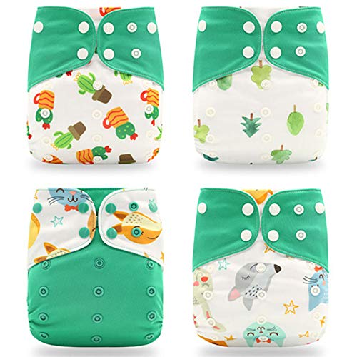 4 Piezas Baby Pocket Pañal Juego de Pañales de Tela Todo En Uno Cómodo Transpirable Reutilizable Pañales Lavables Insertos para Bebés y Niños Pequeños (Verde + Zorro + Helado)