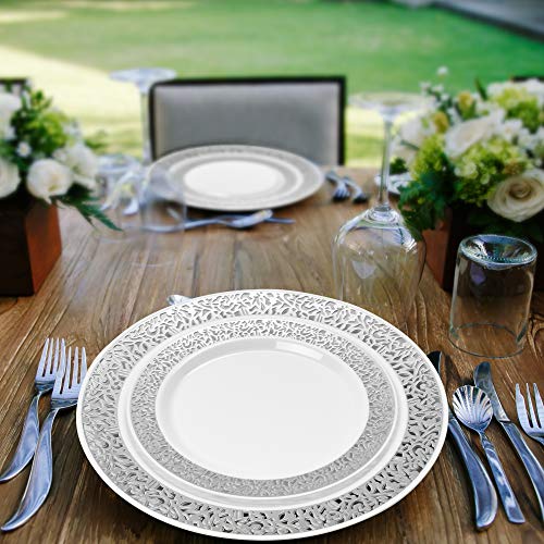 40 Elegantes Platos Desechables de Plástico Duro con Borde Encaje Plateado| 20 Platos Grandes y 20 Platos Ensalada Postre| Resistentes y Reutilizable| Vajilla Desechables para Catering Bodas Fiestas.