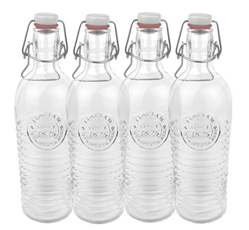 4er Set botella de cristal officina{1825} - curvada 1,2 Liter botella con cierre y motivos florales en relieve