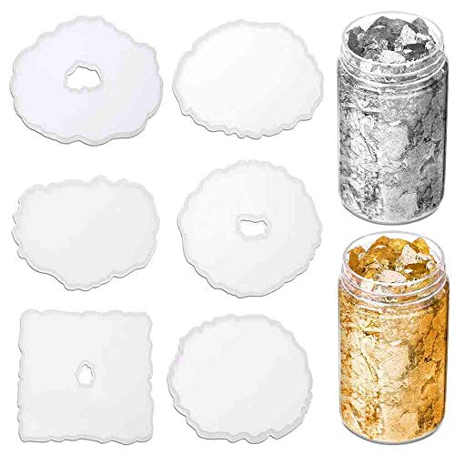 6 piezas Molde de resina de silicona para colada de resina con 2 colores de láminas de oro para posavasos de resina