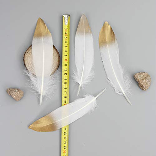 60PCS Plumas blancas naturales con punta empapada en oro,artesanía natural Plumas de ganso para disfraces, bolsos, decoración de aretes, atrapasueños bricolaje, decoraciones para fiestas en el hogar