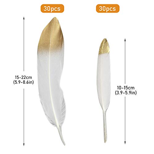 60PCS Plumas blancas naturales con punta empapada en oro,artesanía natural Plumas de ganso para disfraces, bolsos, decoración de aretes, atrapasueños bricolaje, decoraciones para fiestas en el hogar