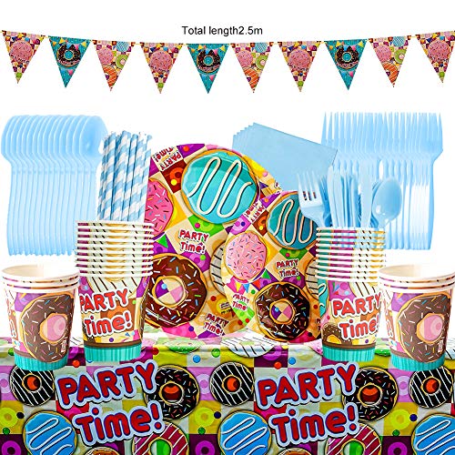 82pcs Candyland Party Supplies Juego de decoración Caramelo Donut Helado Party Vajilla Paquetes Incluye Flatwares, tazas, manteles, servilletas, globos, pancartas, horquillas para 10 niños