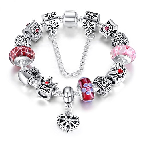 A TE® Charm Pulsera Abalorio Murano Cristal Vidrio Perlas con Cadena de Seguridad #JW-B110 (Rosa 18cm)