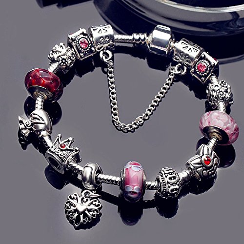 A TE® Charm Pulsera Abalorio Murano Cristal Vidrio Perlas con Cadena de Seguridad #JW-B110 (Rosa 18cm)