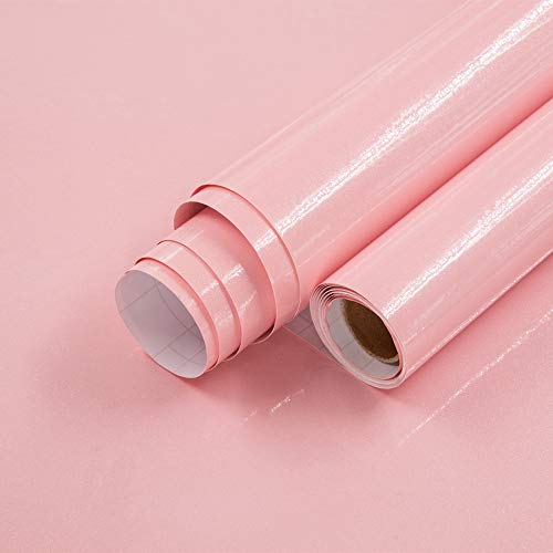 Abyssaly Papel de contacto brillante rosa Papel pintado de superficie brillante 40cm X 300cm Papel blanco de cáscara y palo Fácil de usar y limpiar para muebles Decoración del hogar