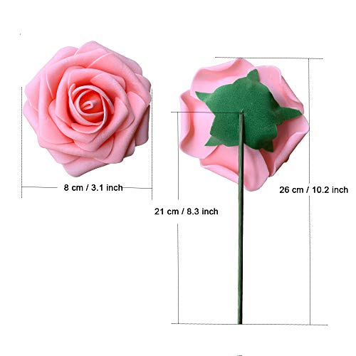 ACDE 25 Piezas Rosas Artificiales, Flores Artificiales Rosa Espuma con Hoja y Vástago Ajustable para Bricolaje Ramos de Boda Decoraciones para el Hogar Nupciales (Rosado)