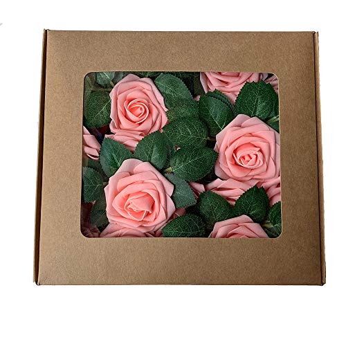 ACDE 25 Piezas Rosas Artificiales, Flores Artificiales Rosa Espuma con Hoja y Vástago Ajustable para Bricolaje Ramos de Boda Decoraciones para el Hogar Nupciales (Rosado)