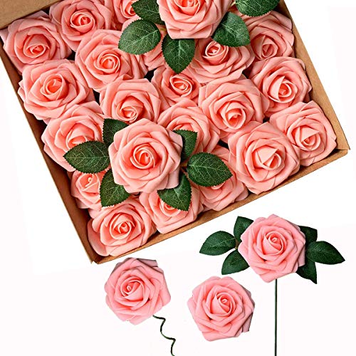 ACDE 25 Piezas Rosas Artificiales, Flores Artificiales Rosa Espuma con Hoja y Vástago Ajustable para Bricolaje Ramos de Boda Decoraciones para el Hogar Nupciales (Rosado)