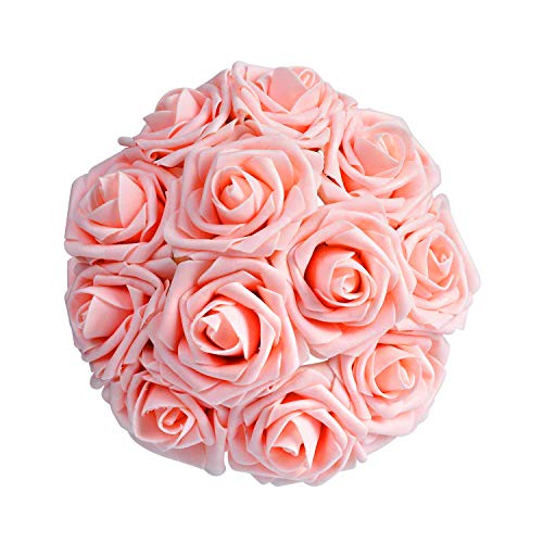 ACDE 25 Piezas Rosas Artificiales, Flores Artificiales Rosa Espuma con Hoja y Vástago Ajustable para Bricolaje Ramos de Boda Decoraciones para el Hogar Nupciales (Rosado)