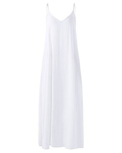 ACHIOOWA Mujer Vestido Elegante Playa Casual Dress Cuello V Sin Manga Túnica Sin Hombros Escote Punto Bolsillo Caftán Oversize Falda Larga Blanco L