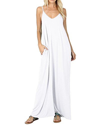 ACHIOOWA Mujer Vestido Elegante Playa Casual Dress Cuello V Sin Manga Túnica Sin Hombros Escote Punto Bolsillo Caftán Oversize Falda Larga Blanco L