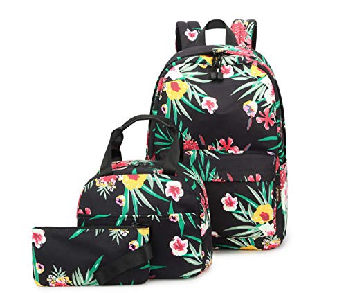 Acmebon Mochila Escolar Resistente al Agua para Niñas Adolescentes Conjunto de Mochila con Bolsa de Almuerzo y Estuche Flor Verde