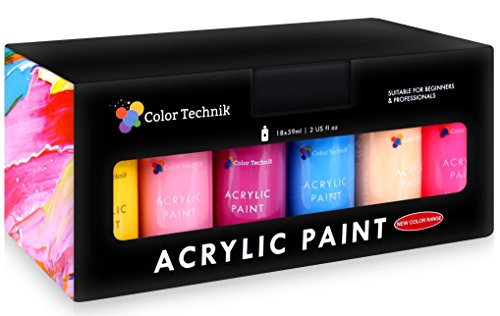 Acrylic Paint Set By Color Technik, Artist Quality, Colour Range 2, 18x59ml (2-Ounce) Bottles, Best Colours For Painting Canvas, Wood, Clay & Ceramic, Rich Pigments