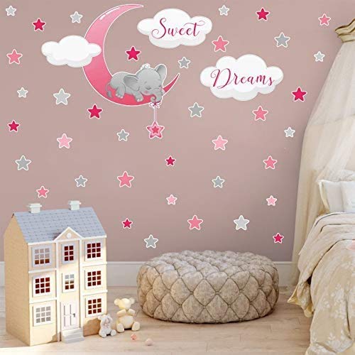 Adhesivo decorativo para pared, diseño de elefante durmiendo en la luna, nubes y estrellas rosa rosa