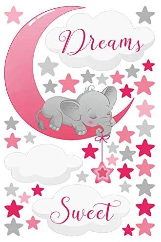 Adhesivo decorativo para pared, diseño de elefante durmiendo en la luna, nubes y estrellas rosa rosa