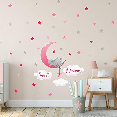 Adhesivo decorativo para pared, diseño de elefante durmiendo en la luna, nubes y estrellas rosa rosa