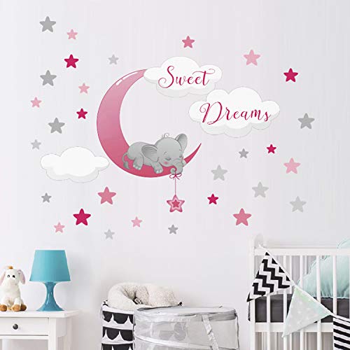 Adhesivo decorativo para pared, diseño de elefante durmiendo en la luna, nubes y estrellas rosa rosa