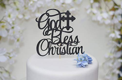 Adorno para tarta con cruz para él, diseño de bautismo con texto en inglés"God Bless Baptism", color negro width 6"