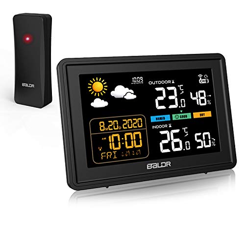 AETKFO Estación Meteorológica Inalámbrica con Sensor Exterior, Termómetro Higrómetro Digital Temperatura Humedad Exterior Interior Termómetro,Pronóstico del Tiempo,Pantalla LCD Color