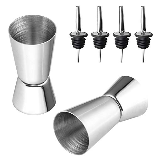 AFASOES 2 Pcs Vaso Medidor Cocktail Acero Inoxidable 25/50 ml Tazas Medidoras Doble Espíritu Medida Doble Jigger Doble Cara para Bar Fiesta Vino Cóctel Bebida Cocteler + 4 Licor Pourer