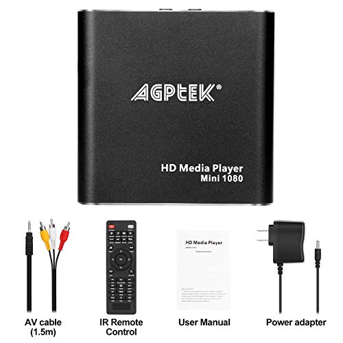 AGPTEK Mini HD TV Media Player con Adaptador USB 1080P - MKV/RM-SD/USB HDD-HDMI Support HDMI CVBS and YPbPr Video Output with Remote Controller and Power Adapter 5V 2A - Negro