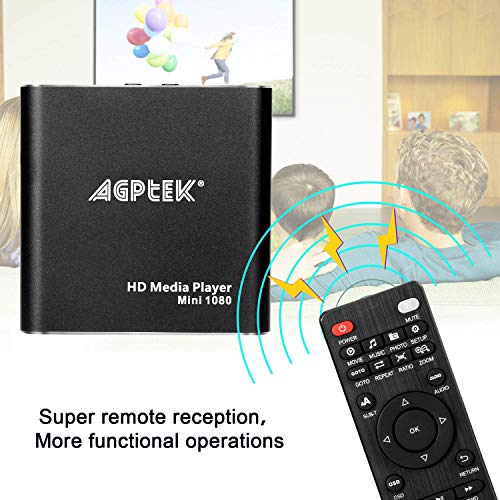 AGPTEK Mini HD TV Media Player con Adaptador USB 1080P - MKV/RM-SD/USB HDD-HDMI Support HDMI CVBS and YPbPr Video Output with Remote Controller and Power Adapter 5V 2A - Negro