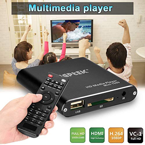 AGPTEK Mini HD TV Media Player con Adaptador USB 1080P - MKV/RM-SD/USB HDD-HDMI Support HDMI CVBS and YPbPr Video Output with Remote Controller and Power Adapter 5V 2A - Negro